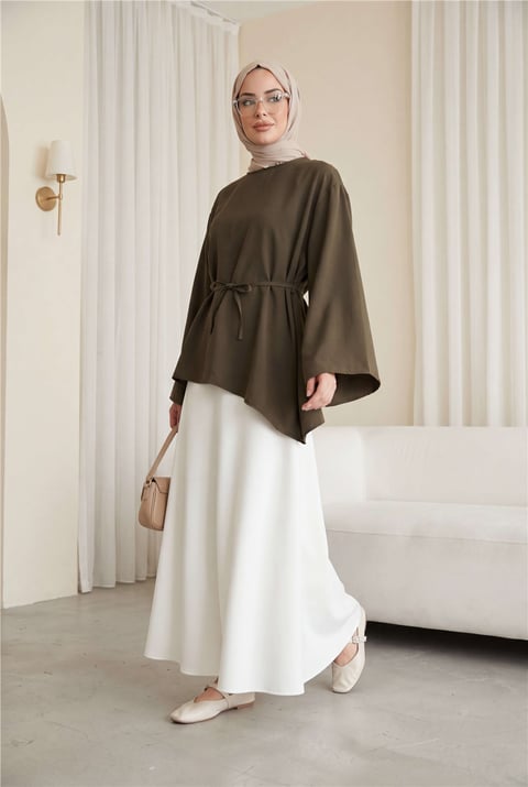 Asimetrik Kesim Beli Bağcıklı Oversize Modal Tunik -Kamuflaj-Tunik-120-1656-R39