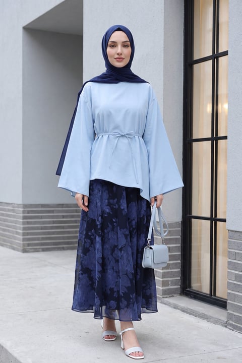 Asimetrik Kesim Beli Bağcıklı Oversize Modal Tunik  -Bebe Mavi