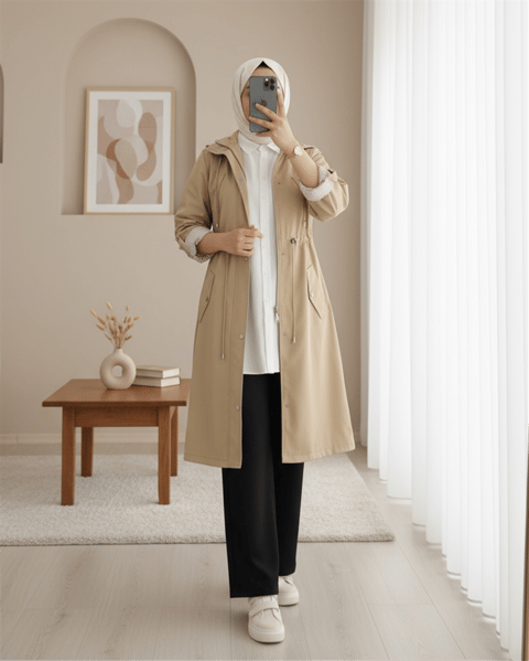 Astarı Çizgili Trençkot       -Açık Vizon-Trençkot-148-2181-R51