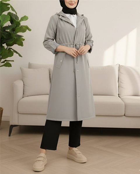 Astarı Çizgili Trençkot -Gri-Trençkot-148-2181-R11