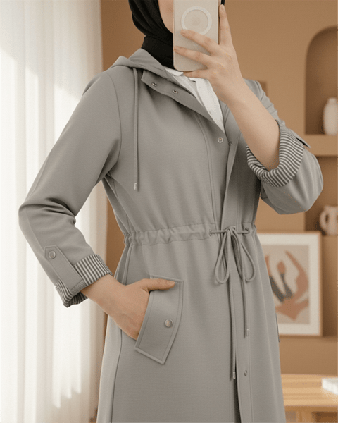 Astarı Çizgili Trençkot -Gri-Trençkot-148-2181-R11