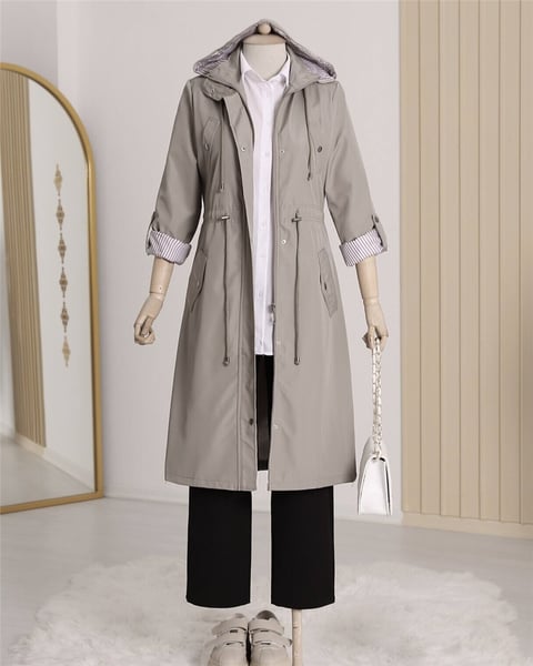 Astarı Çizgili Trençkot -Gri-Trençkot-148-2181-R11