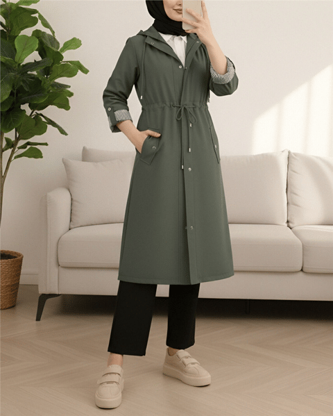 Astarı Çizgili Trençkot -Haki-Trençkot-148-2181-R05