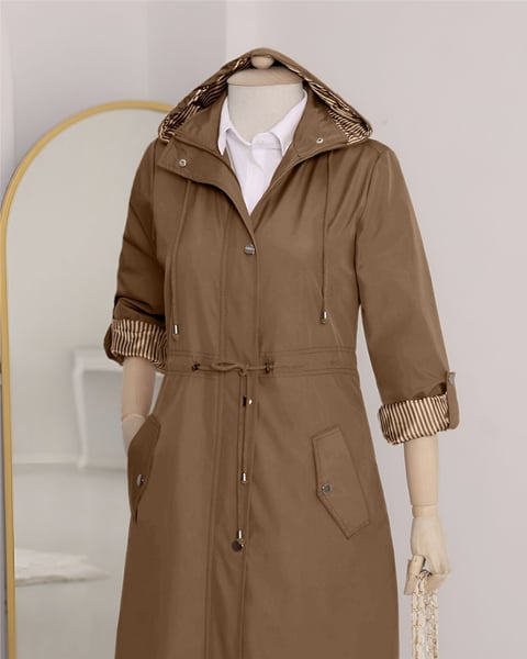 Astarı Çizgili Trençkot  -Taba-Trençkot-148-2129-R12
