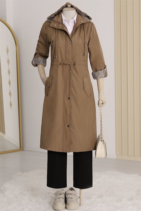 Astarı Çizgili Trençkot        -Taba-Trençkot-148-2181-R12