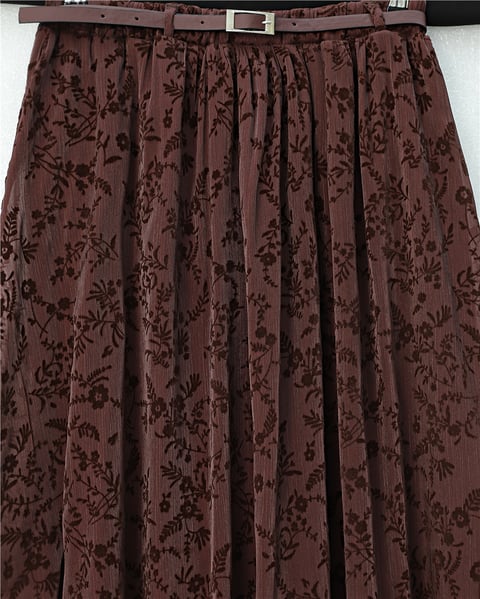Astarlı Kemerli Kabartma Desenli Organze Etek -K. Bordo-Etek-429-0023-R52