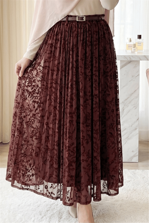 Astarlı Kemerli Kabartma Desenli Organze Etek -K. Bordo-Etek-429-0023-R52