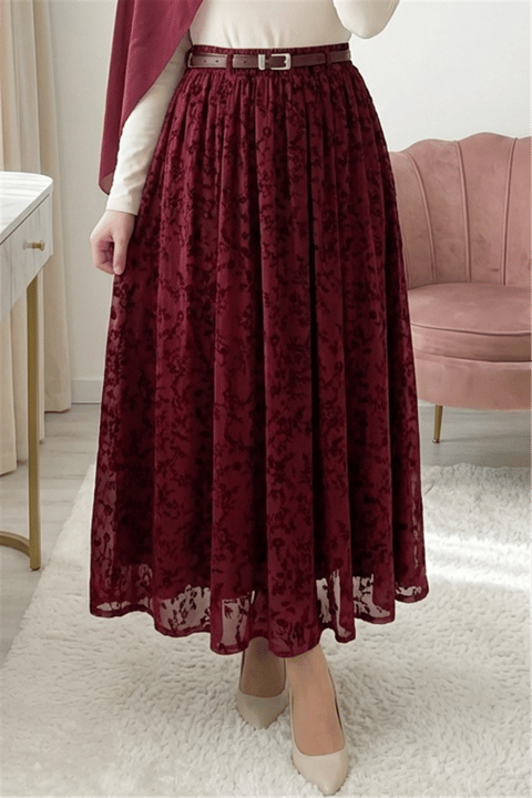 Astarlı Kemerli Kabartma Desenli Organze Etek -Bordo-Etek-429-0023-R04