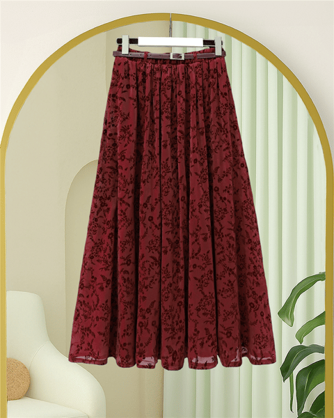 Astarlı Kemerli Kabartma Desenli Organze Etek -Bordo-Etek-429-0023-R04