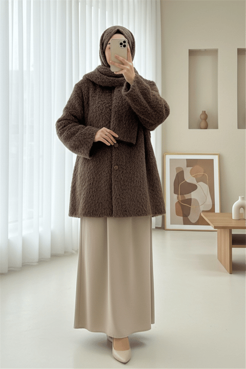 Atkı Detaylı Önü Düğmeli Sakallı Ceket -Taba-Ceket-111-50783-R12