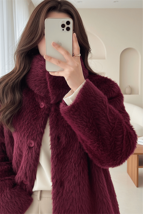 Atkı Detaylı Önü Düğmeli Sakallı Ceket -Bordo-Ceket-111-50783-R04