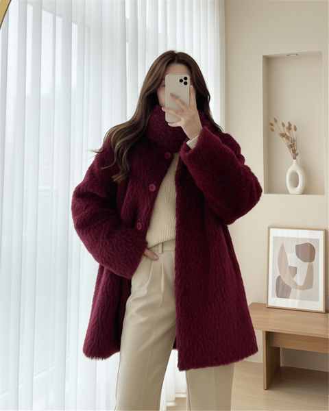 Atkı Detaylı Önü Düğmeli Sakallı Ceket -Bordo-Ceket-111-50783-R04