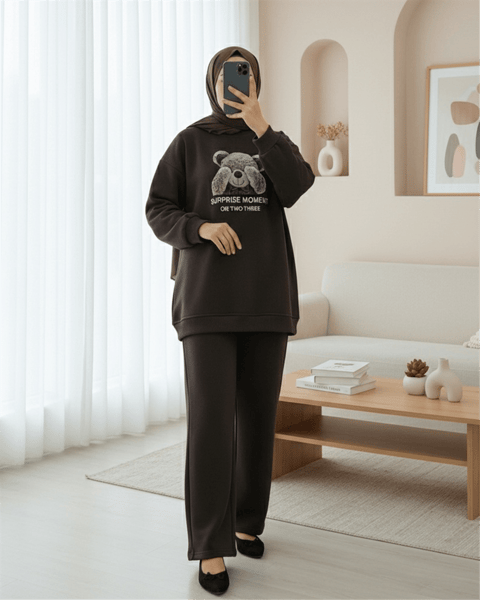Ayıcık Baskılı Şardonlu 3 İplik Sweat Takım  -K. Kahve-Takım-349-5285-R54