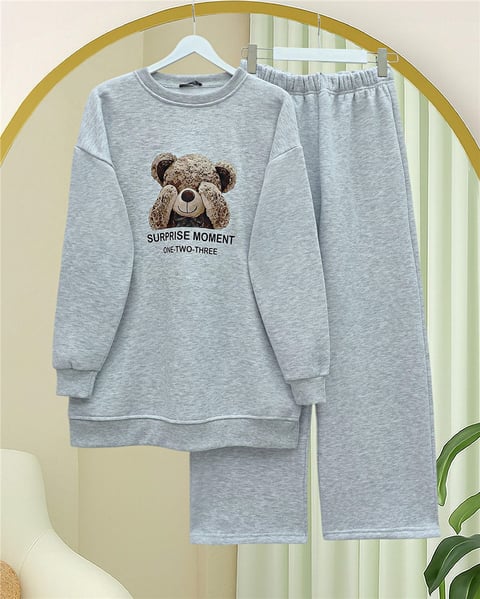 Ayıcık Baskılı Şardonlu 3 İplik Sweat Takım  -Açık Gri-Takım-349-5285-R41