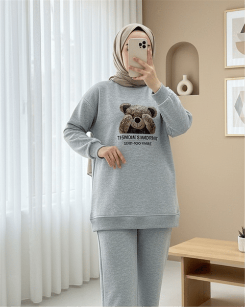 Takım-Ayıcık Baskılı Şardonlu 3 İplik Sweat Takım  -Açık Gri-349-5285-R41
