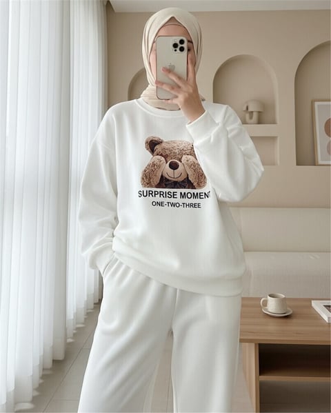 Ayıcık Baskılı Şardonlu 3 İplik Sweat Takım  -Beyaz-Takım-349-5285-R02