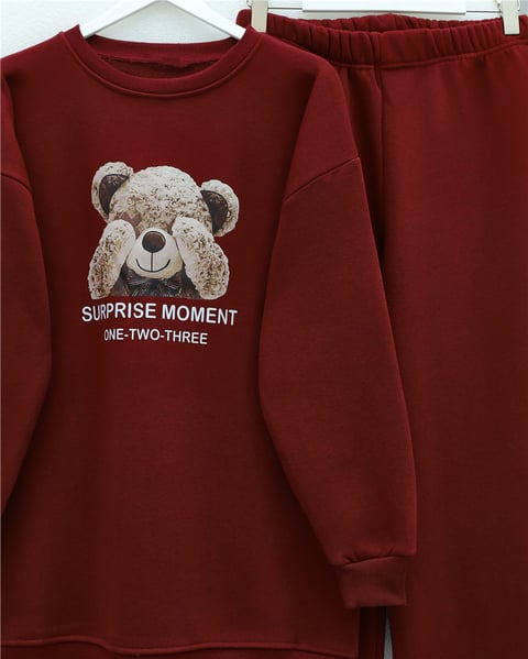 Ayıcık Baskılı Şardonlu 3 İplik Sweat Takım  -Bordo-Takım-349-5285-R04