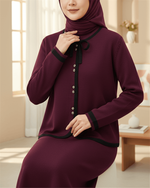 Bağcık Detaylı Şeritli Düğmeli Etekli Triko Takım -Bordo-Takım-295-1290T-R04