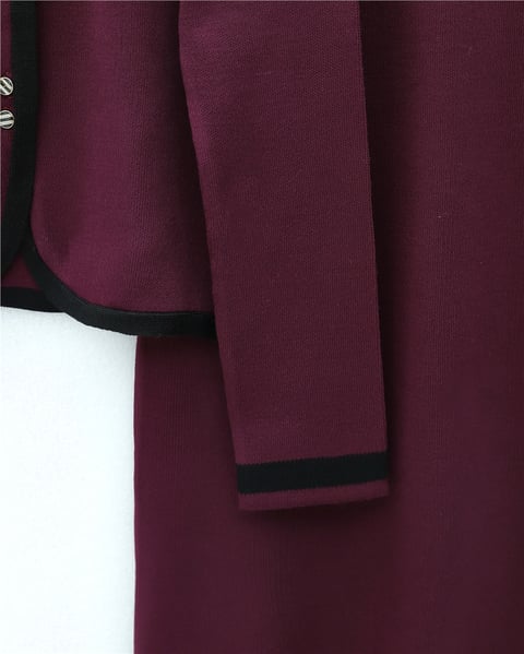 Bağcık Detaylı Şeritli Düğmeli Etekli Triko Takım -Bordo-Takım-295-1290T-R04
