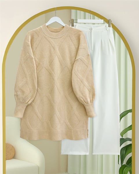 Baklava Desenli Yumoş Triko Tunik -Açık Vizon-Tunik-295-4516-R51