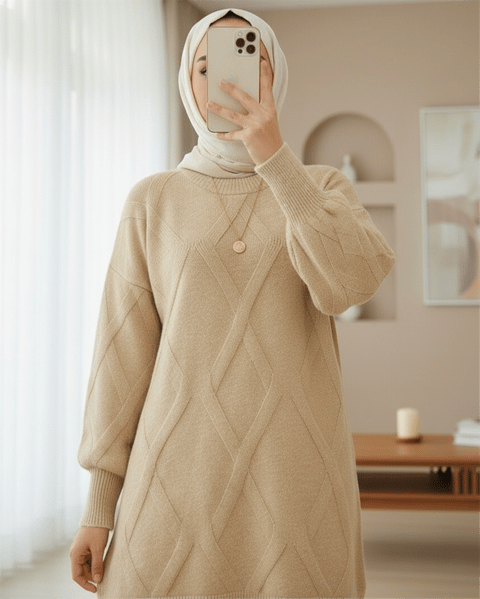 Baklava Desenli Yumoş Triko Tunik -Açık Vizon-Tunik-295-4516-R51