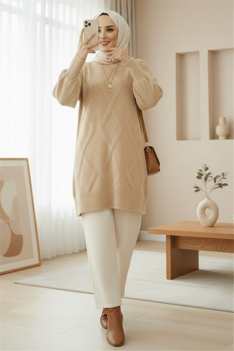 Baklava Desenli Yumoş Triko Tunik -Açık Vizon-Tunik-295-4516-R51