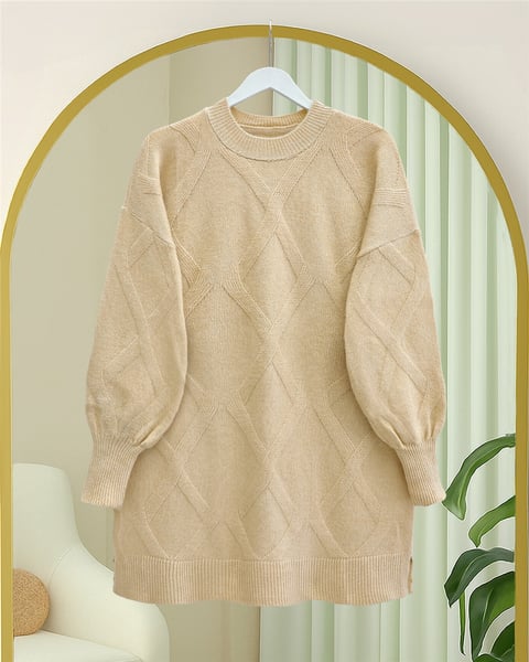 Baklava Desenli Yumoş Triko Tunik -Açık Vizon-Tunik-295-4516-R51