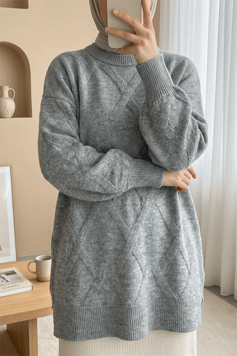 Baklava Desenli Yumoş Triko Tunik  -Gri-Kazak-295-4516-R11