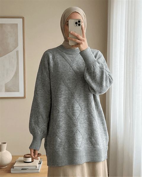 Baklava Desenli Yumoş Triko Tunik  -Gri-Kazak-295-4516-R11