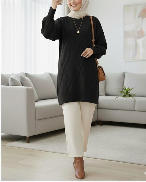 Baklava Desenli Yumoş Triko Tunik -Siyah-Tunik-295-4516-R01