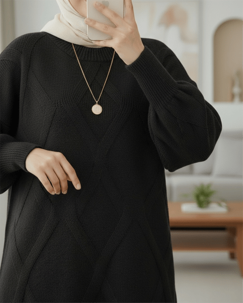 Baklava Desenli Yumoş Triko Tunik -Siyah-Tunik-295-4516-R01