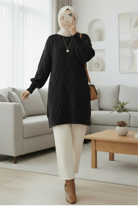 Baklava Desenli Yumoş Triko Tunik -Siyah-Tunik-295-4516-R01