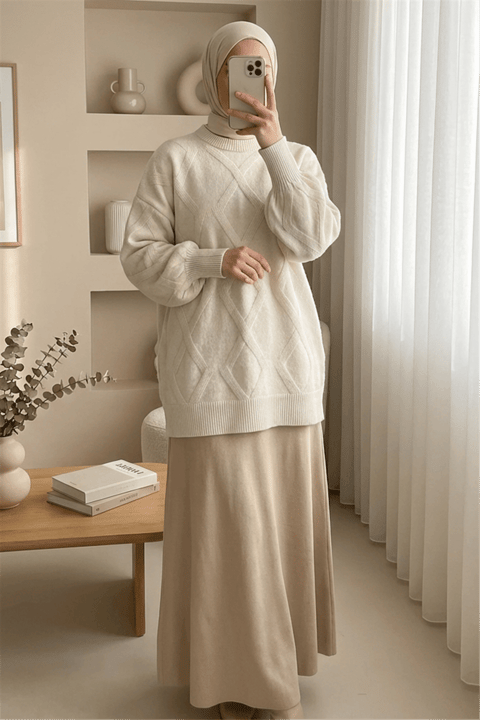 Baklava Desenli Yumoş Triko Tunik  -Taş-Kazak-295-4516-R43