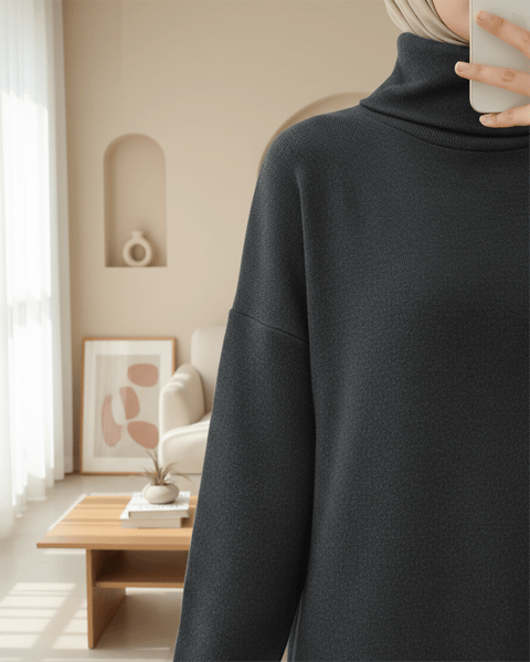 Balıkçı Yaka Yırtmaçlı Kaşkorse Tunik  -Antrasit-Tunik-253-13108-R64