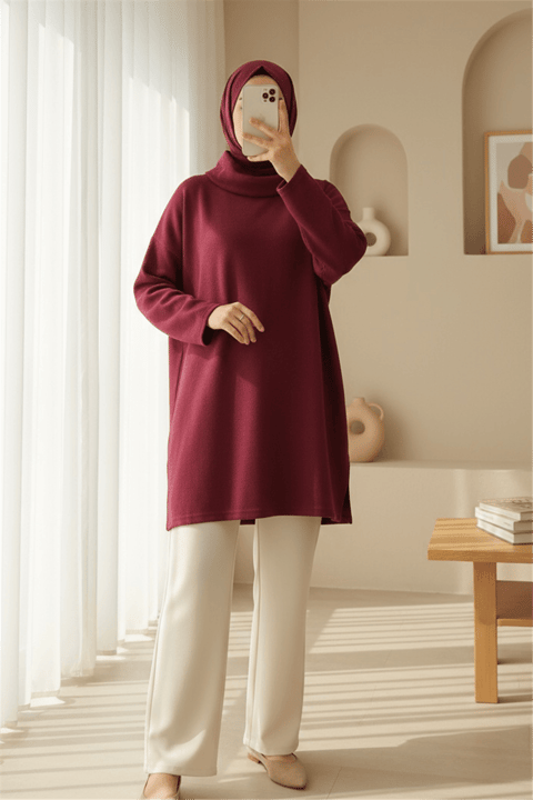 Balıkçı Yaka Yırtmaçlı Kaşkorse Tunik -Bordo-Tunik-253-13108-R04