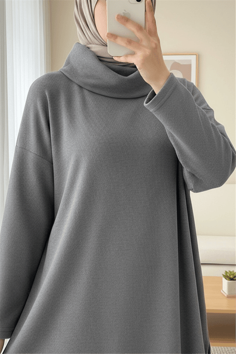 Balıkçı Yaka Yırtmaçlı Kaşkorse Tunik  -Gri-Tunik-253-13108-R11