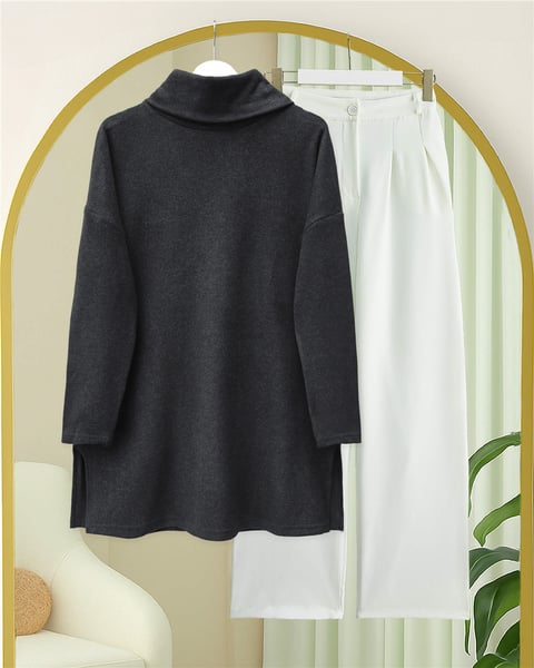 Balıkçı Yaka Yırtmaçlı Kaşkorse Tunik  -Antrasit-Tunik-253-13108-R64