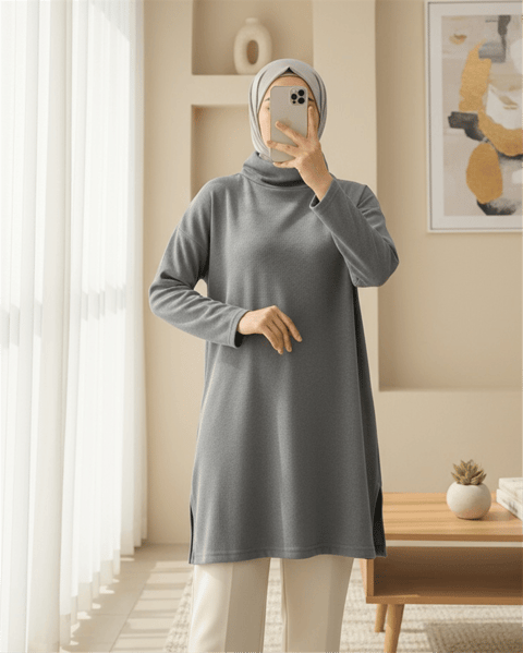 Balıkçı Yaka Yırtmaçlı Kaşkorse Tunik  -Gri-Tunik-253-13108-R11