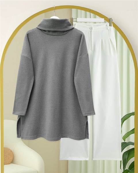 Balıkçı Yaka Yırtmaçlı Kaşkorse Tunik  -Gri-Tunik-253-13108-R11