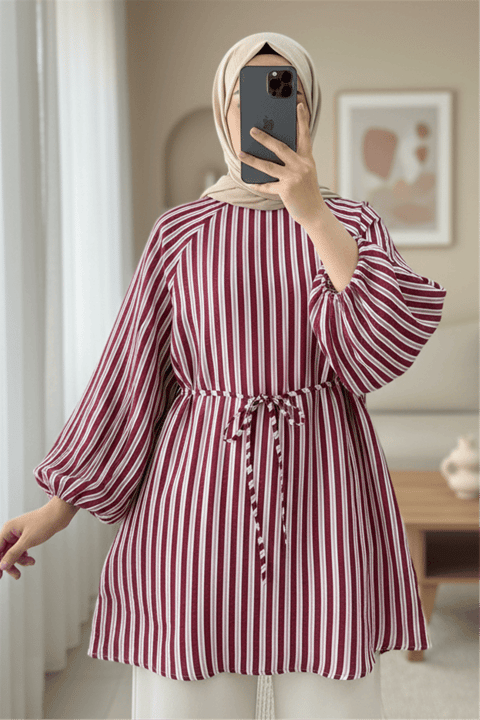 Balon Kol Belden Bağlamalı Astarlı Çizgili Tunik -Bordo-Tunik-223-3053-R04