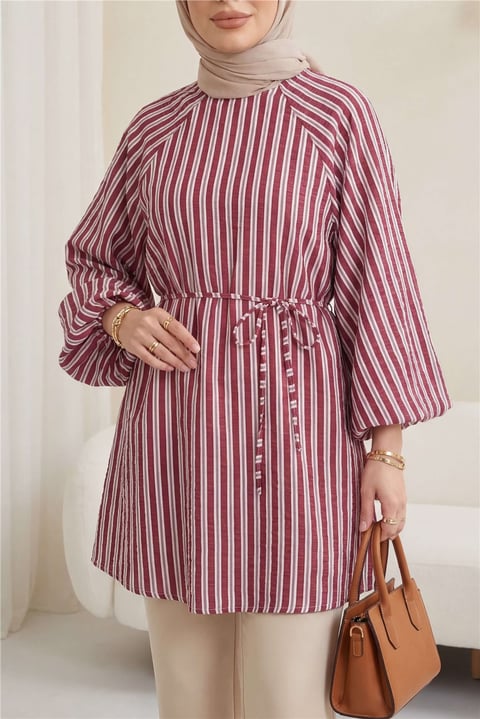 Balon Kol Belden Bağlamalı Astarlı Çizgili Tunik -Bordo-Tunik-223-3053-R04