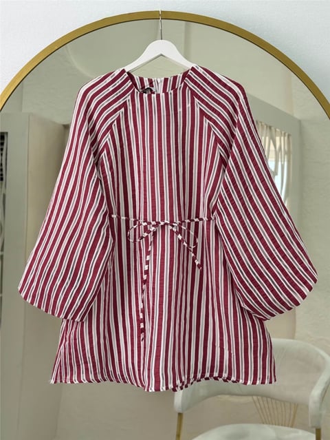 Balon Kol Belden Bağlamalı Astarlı Çizgili Tunik -Bordo-Tunik-223-3053-R04