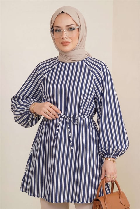 Balon Kol Belden Bağlamalı Astarlı Çizgili Tunik -Laci-Tunik-223-3053-R03