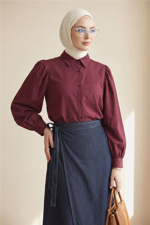 Balon Kol Düğmeli Kısa Poplin Gömlek -Bordo-Gömlek-432-24135-R04