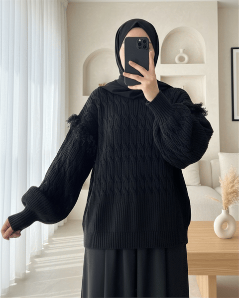 سترة تريكو بأكمام بالون وشرابة - أسود-Kazak-351-5244-R01