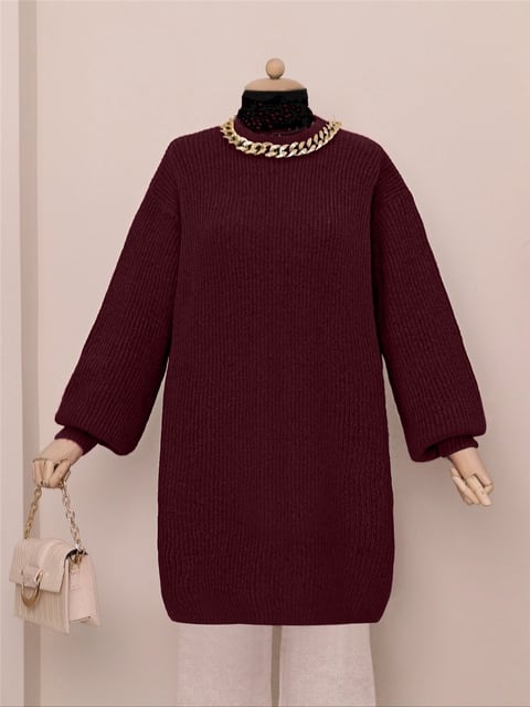 Balon Kol Yumoş Örme Triko Tunik    -Bordo-Triko Tunik-109-3647-R04