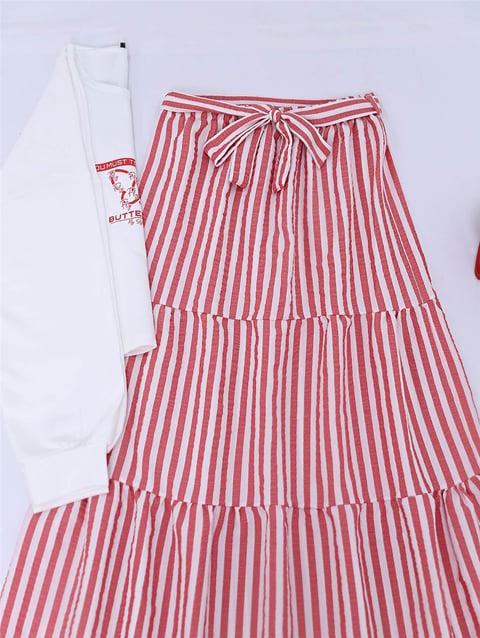 Baskılı Sweet Eteği Çizgili Kuşaklı Takım  -Kırmızı-Takım-207-1550Ç-R33