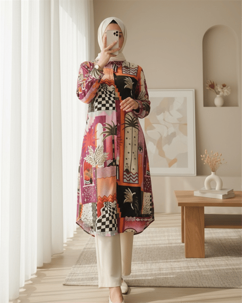 تونيك طويل مطبوع - برتقالي-Tunik-199-0662-R16