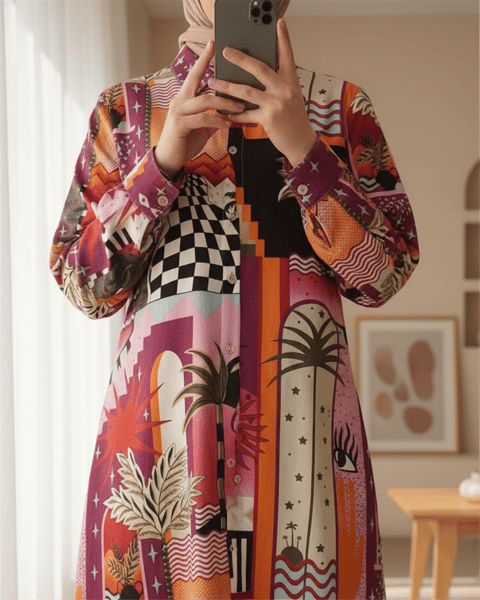 تونيك طويل مطبوع - برتقالي-Tunik-199-0662-R16
