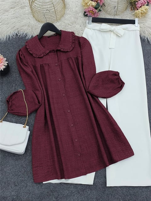 Gömlek-Bebe Yaka Boydan Düğmeli Tunik         -Bordo-349-4036-R04
